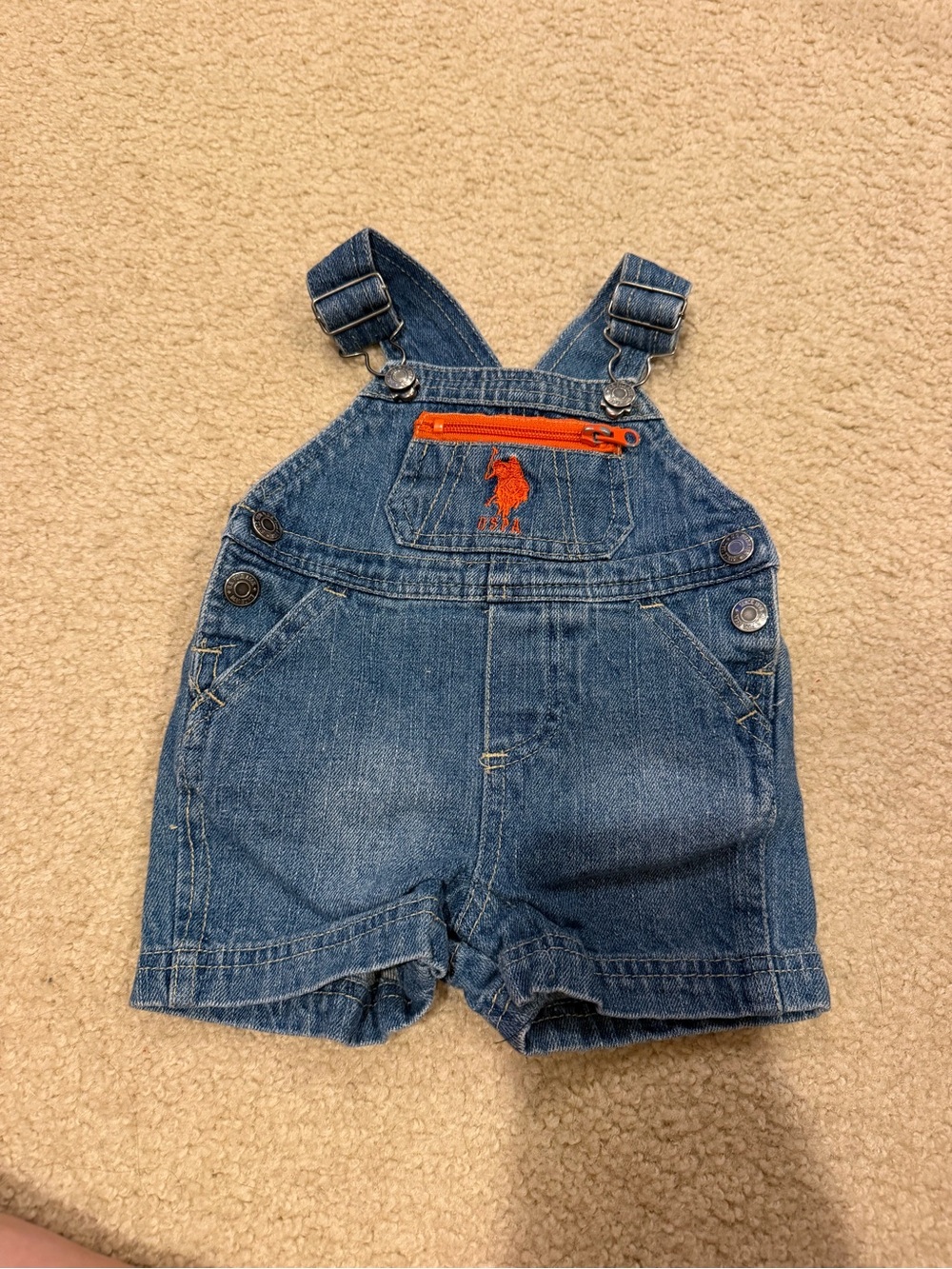 U.S. Polo Assn. Denim Shortall Overalls in Blue with Orange Accent